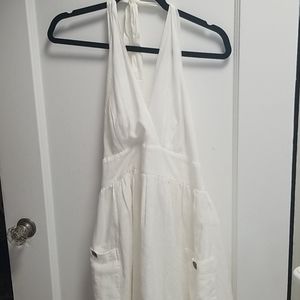 White Halter Surplice Fit and Flare Dress